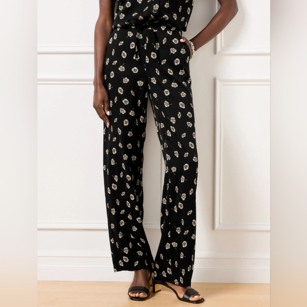 NWT Talbots XS Black Floral Wide Leg Pants Elastic Waistband Pull-On Lightweight